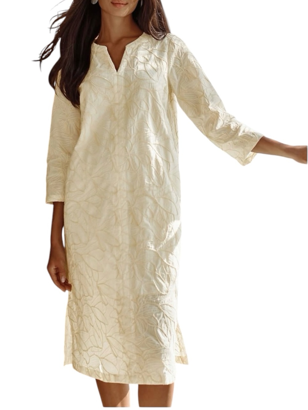 NEW J Jill Pure Jill Cotton Embroidered Midi Dress Leaf Embroidery Ivory Size XL